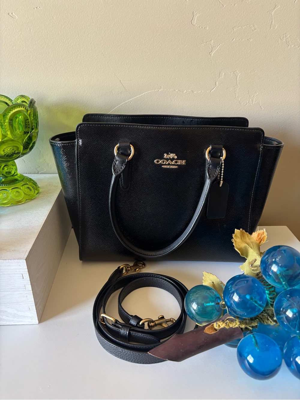 COACH Leah Black Leather Satchel with Gold-Tone Accents